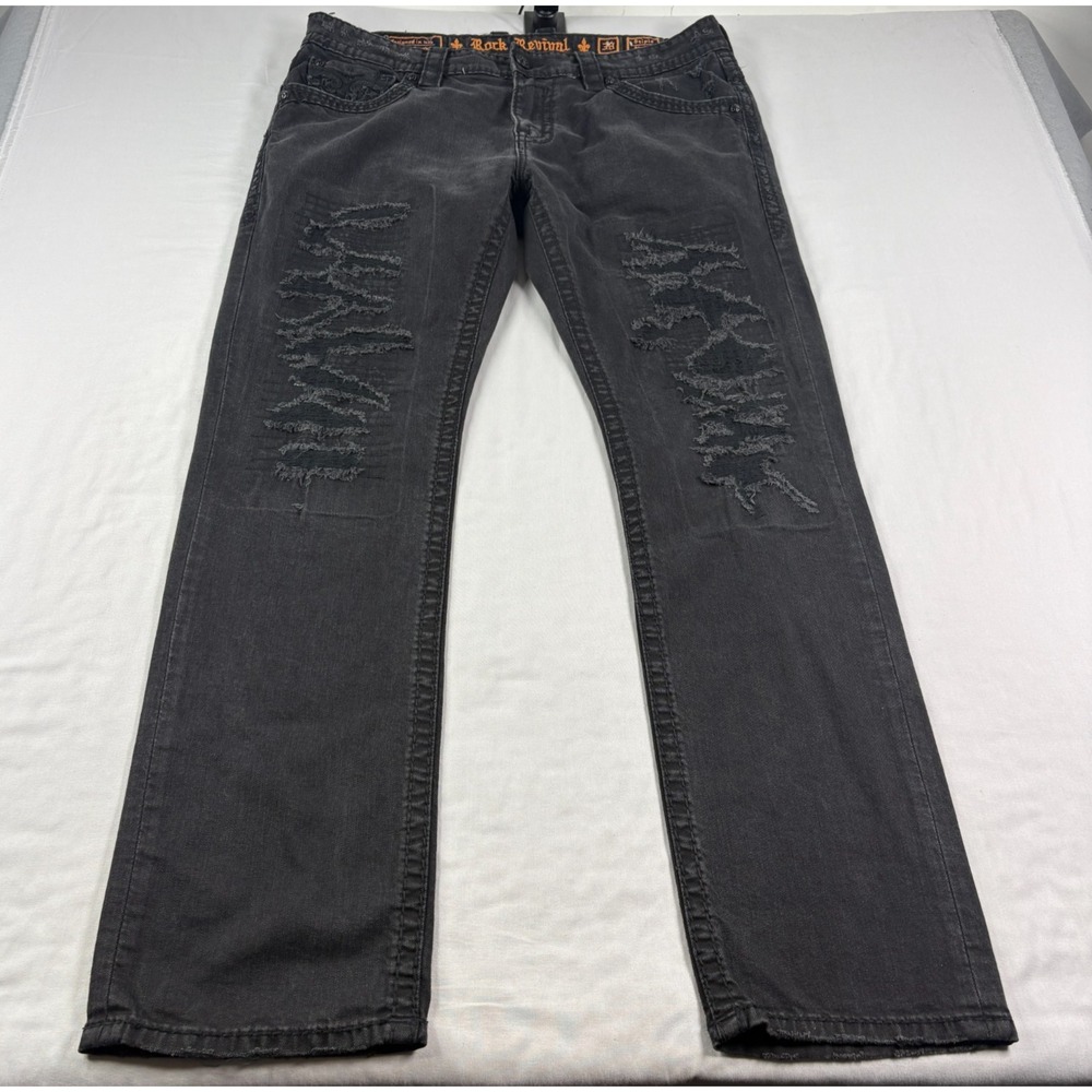 Rock Revival Jeans Mens 38x34 Black Straight Leg Distressed Denim Embroiderd